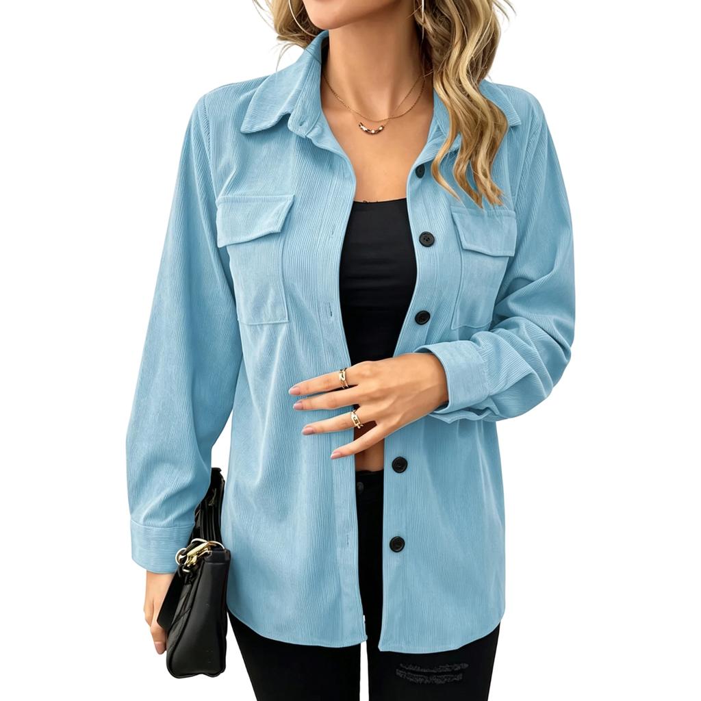 Women's Corduroy Long Sleeve Shirt with Retro Lapel Collar and Double Pockets Casual Blouse