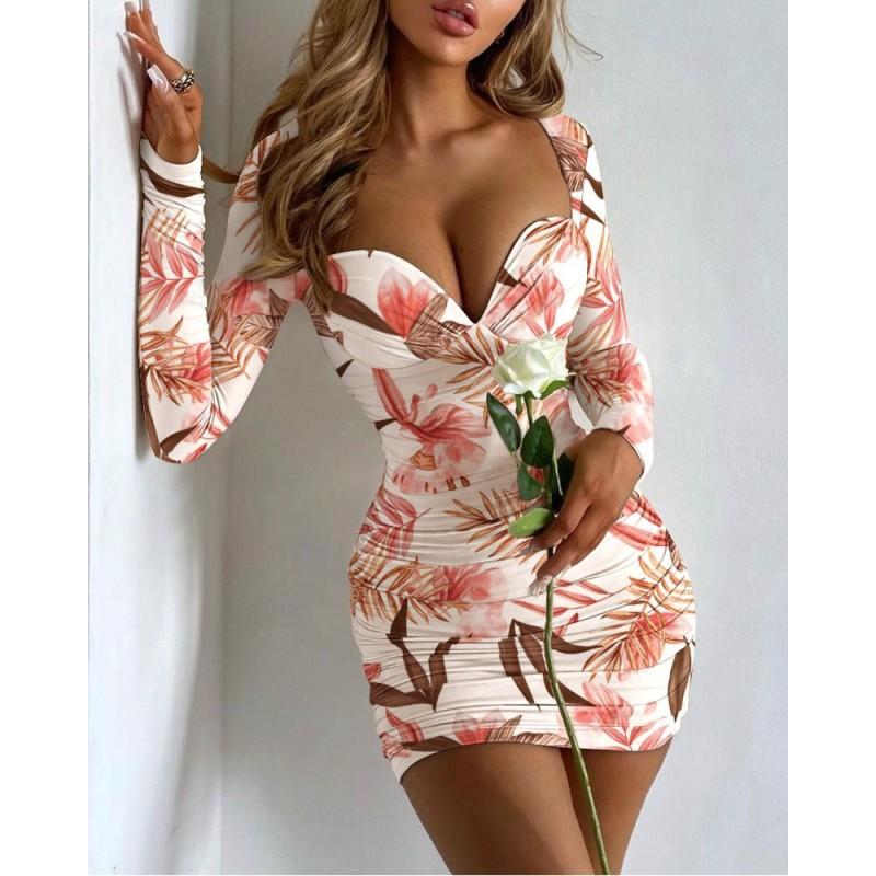 Women's Long-sleeved Square Neck Sexy Low-cut Printed Slim Short Dress