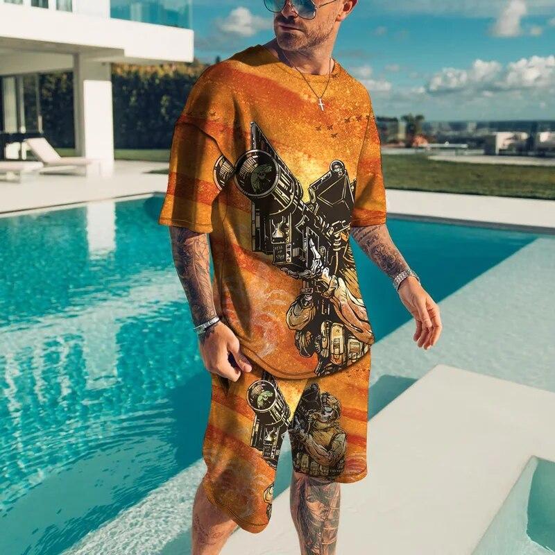 Personality Harajuku 3D Men's T-shirt Sets Casual Streetwear Oversized T-Shirt Shorts 2 Piece Set Summer Tracksuit Man Clothing