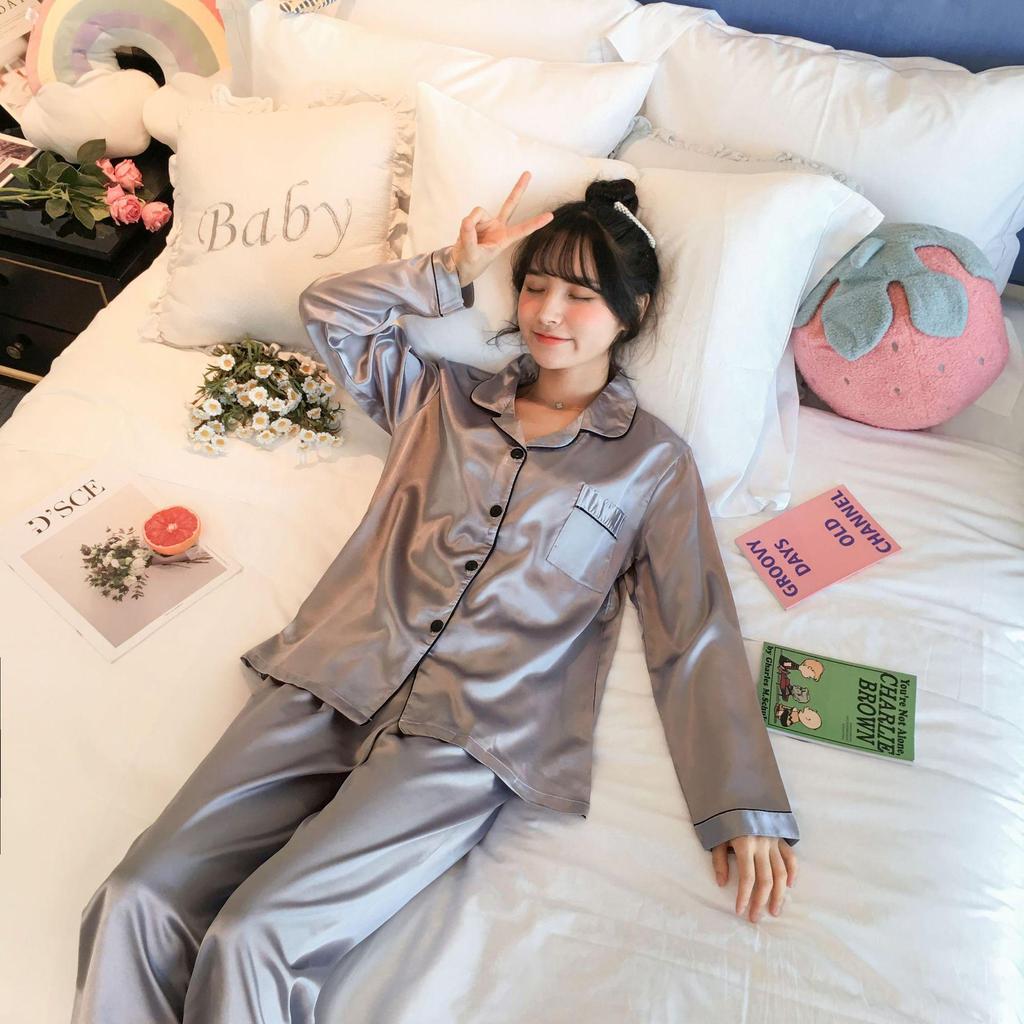 Langärmliges Pyjama-Set aus Seidenimitat mit Revers für Damen in Übergröße