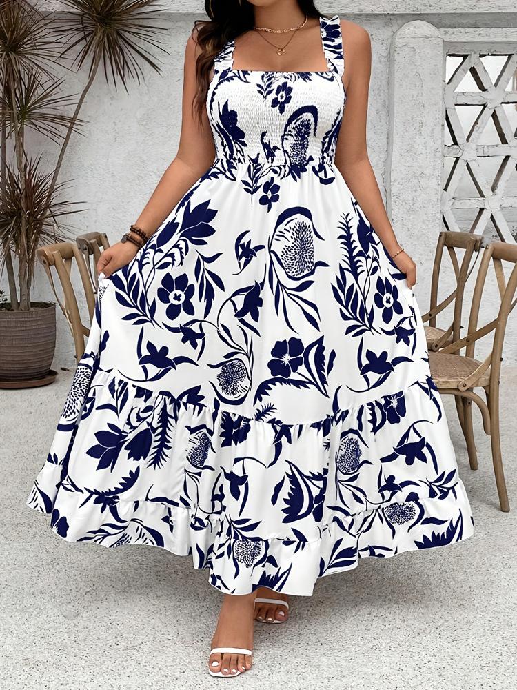 European and American new SHEIN large size women s holiday style printed medium and long dress 1XL синий