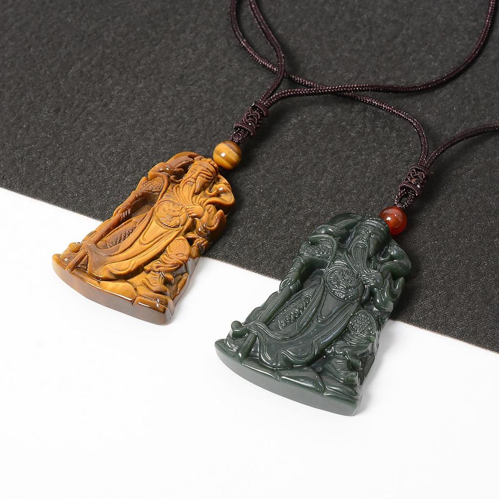 Hetian Jade Guan Gong Pendant with Tiger's Eye: Men's Guan Yu Amulet and God of Wealth Symbol
