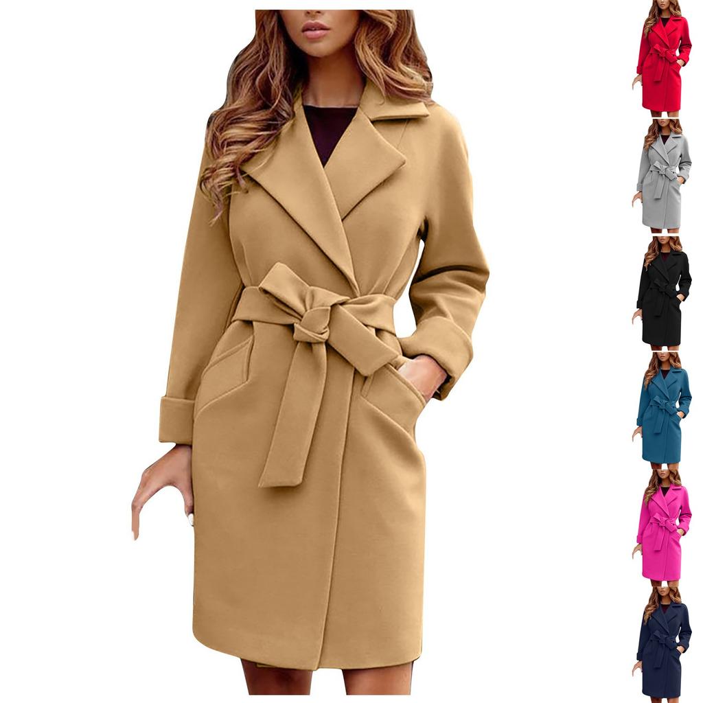 Dámská vlněná móda Slim-fit Pásek Klopa Vlněná kapsa Shacket Flanelová bunda Kabáty