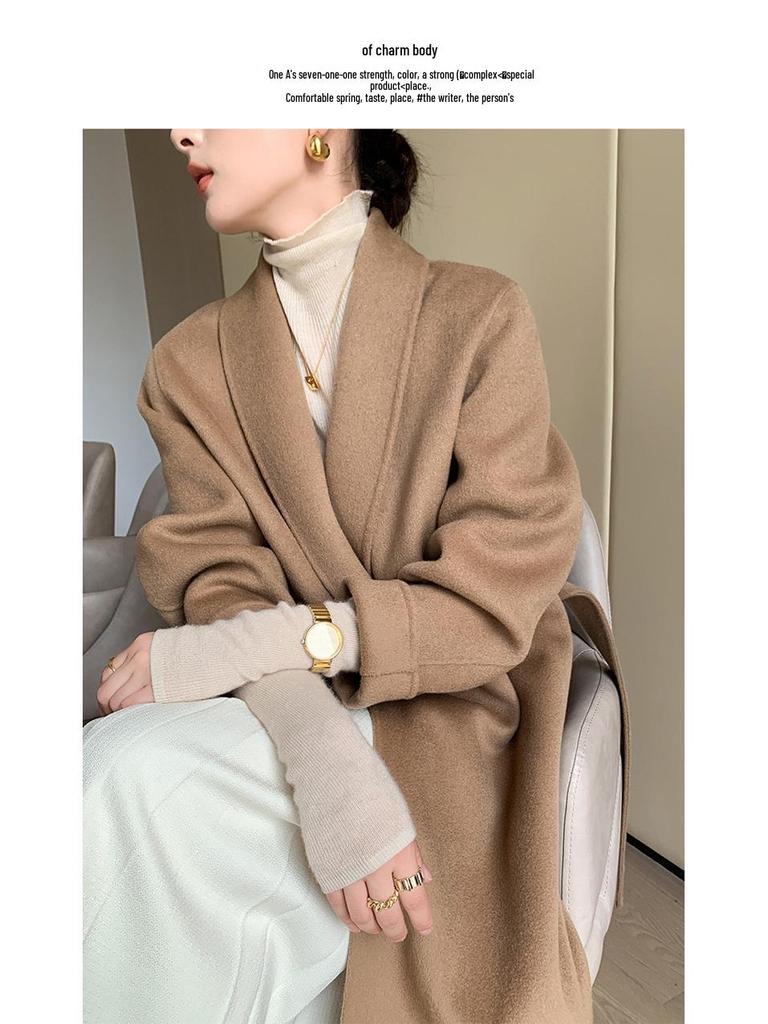 Women's Double-Faced Wool Overcoat with Tie Waist - Extra Long Lapel, Autumn/Winter.