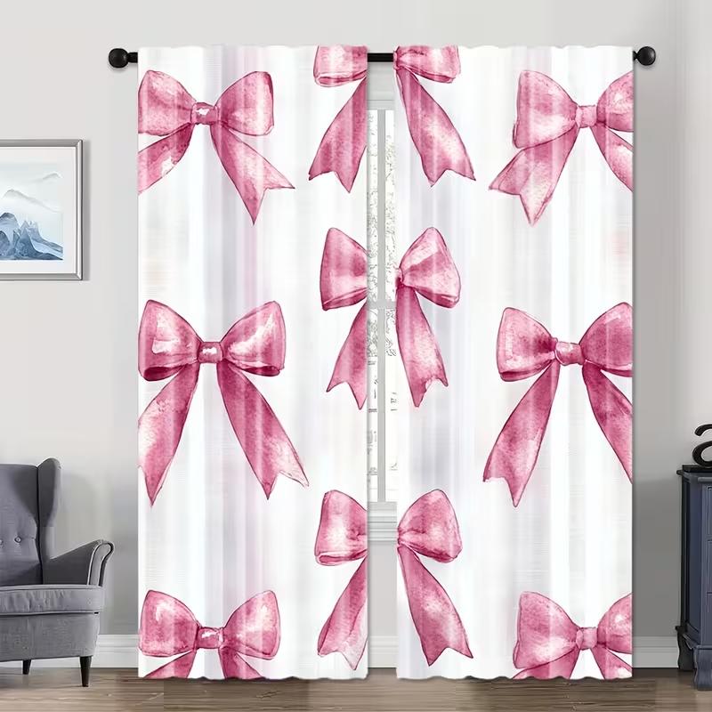 2PC Pink Watercolor Bow Curtains - Cute Girly Print Window Drapes for Girls Bedroom Living Room Decor