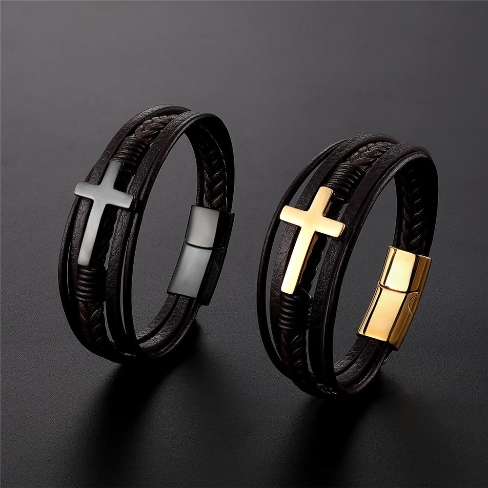 2026 Fashion Cross Bracelet Black Gold Steel Multi-layer Woven Bracelet Bracelet