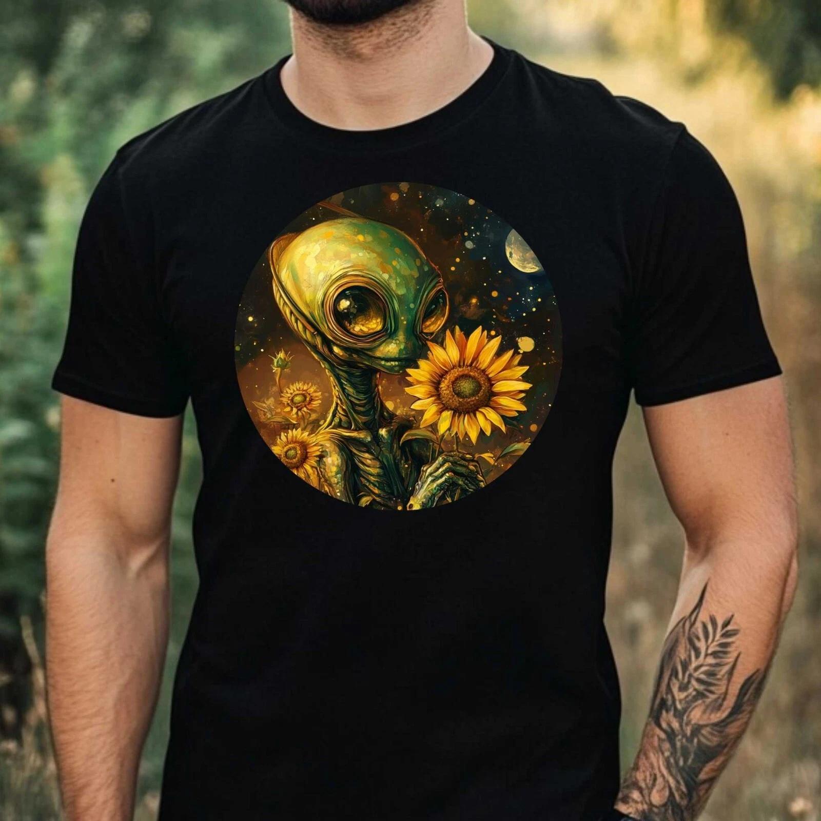 T-Shirt Herren Alien mit Sonnenblume Motiv Baumwolle Größe XS bis 5XL L