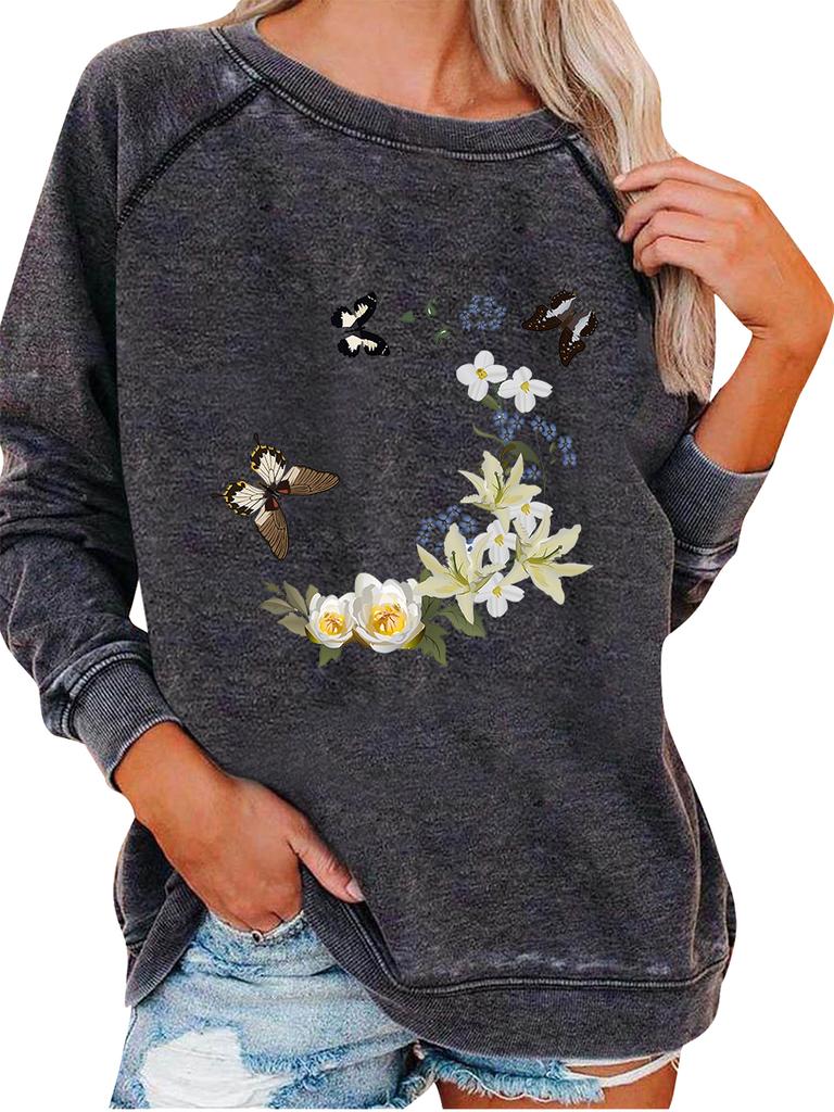 Ladies Spring/Fall Sweatshirt Women's Oversized Pullover Sweatshirt Fashion Flower Print Top