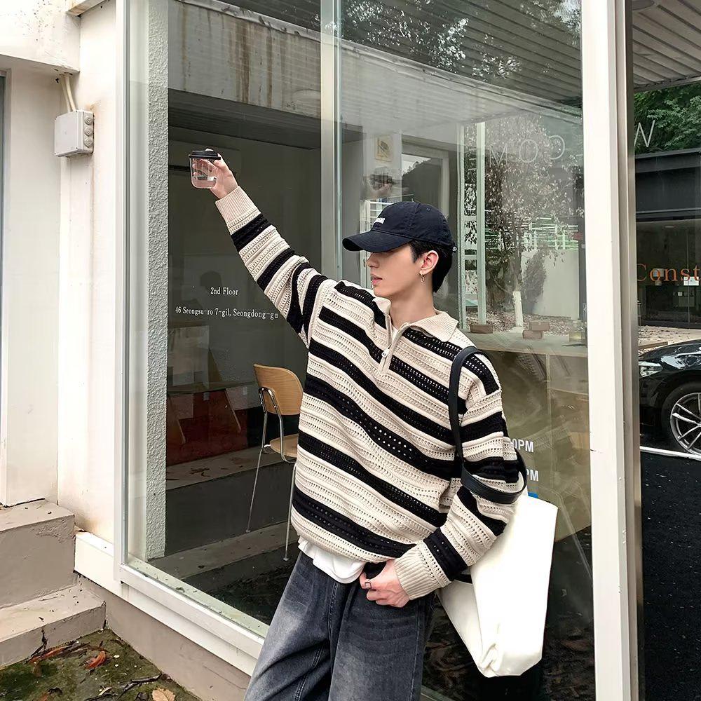 Unisex Striped Knit Patchwork Sweater - Cozy Autumn Style for Couples Large