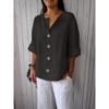 European American New Summer Loose T-shirts for Women V-neck Cotton Linen Button Tops