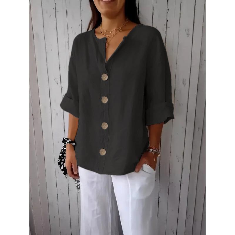 European American New Summer Loose T-shirts for Women V-neck Cotton Linen Button Tops