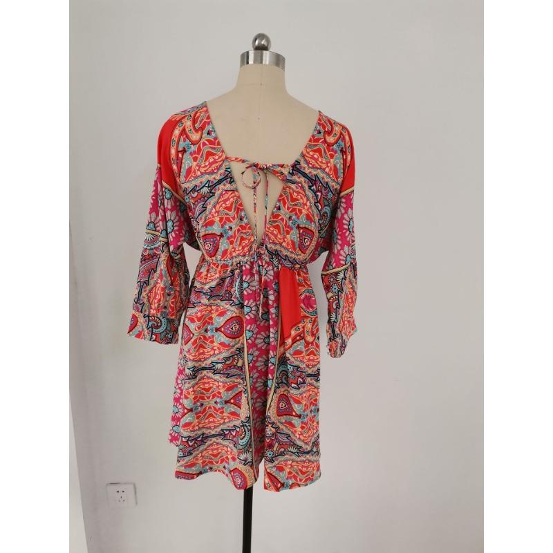 Women's Sexy V-neck Waist Print Boho Dress