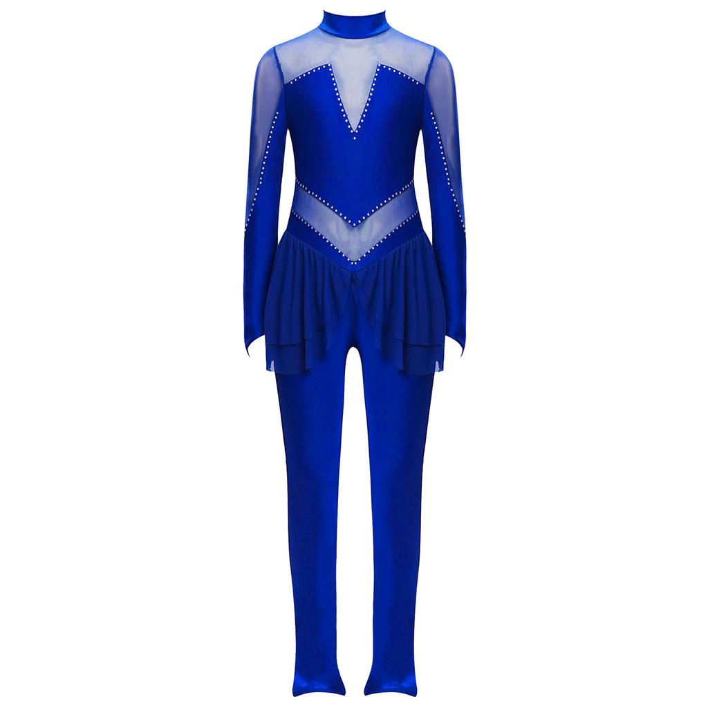 Mädchen Eiskunstlauf Performance Jumpsuit Stehkragen Langarm Transparenter Mesh Patchwork Glänzende Strasssteine Ganzkörperanzug