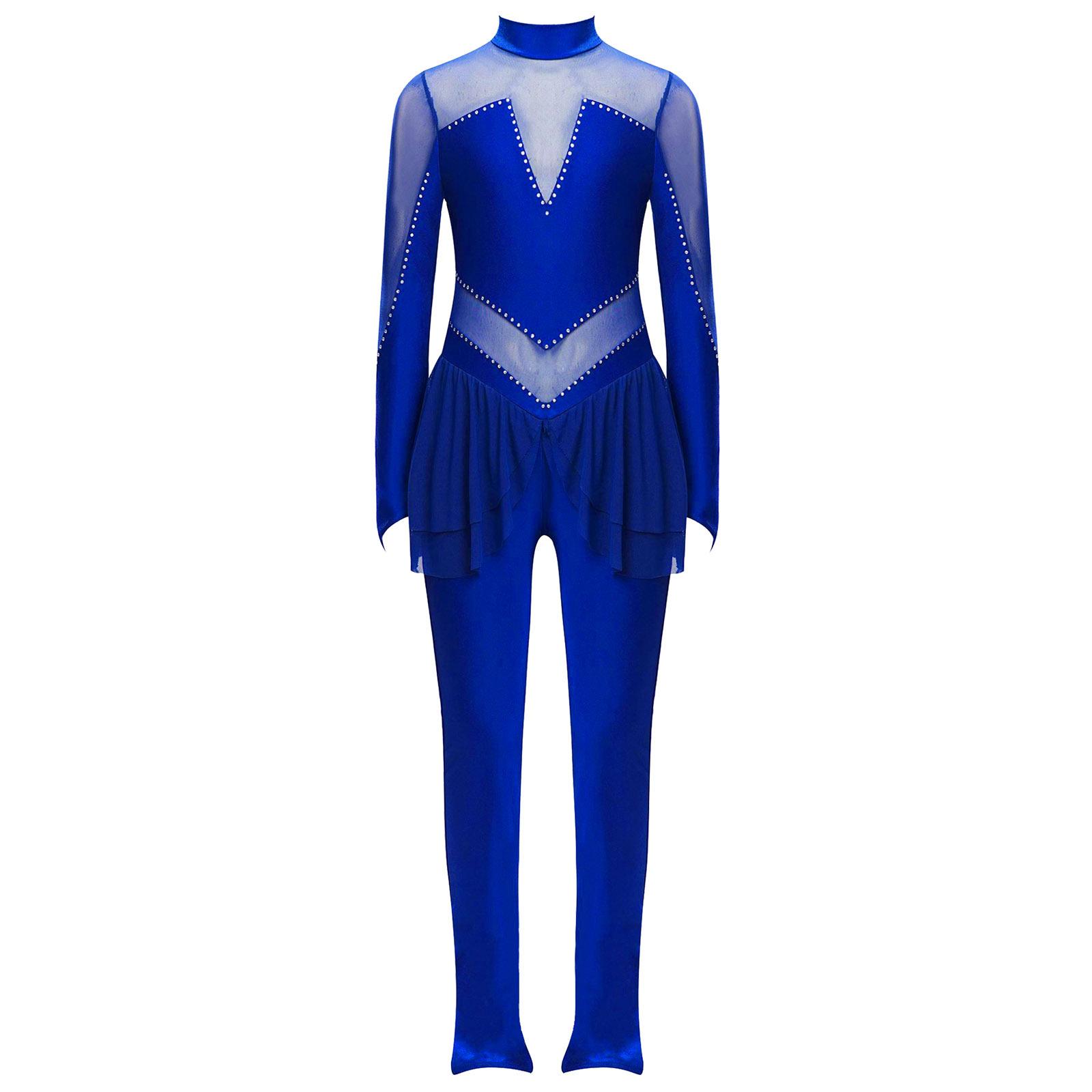 Ranrann Meisjes Kunstschaatsen Jumpsuit Mock Neck Lange Mouw Transparant Mesh Patchwork Glanzende Strass Steentjes Bodysuit 9-10 Years blauw