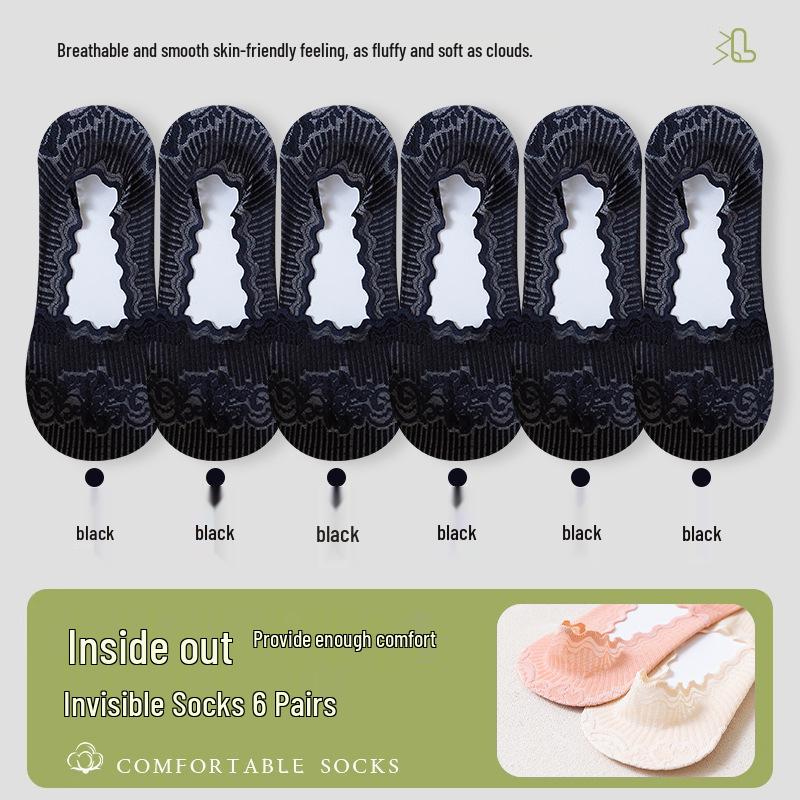 Women's Low-Cut Lace Boat Socks - Pure Cotton, Non-Slip, Breathable, Summer Thin, No-Slip Heel, Short Style.