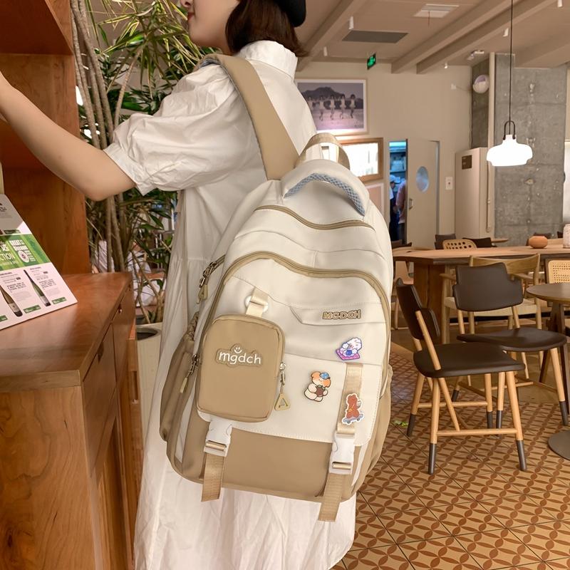 Female Color Block Backpack Student Campus Schoolbag Male Large Capacity Backpack with Coin Purse