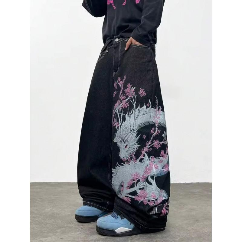 Mens High-Waist Wide-Leg Denim Pants With