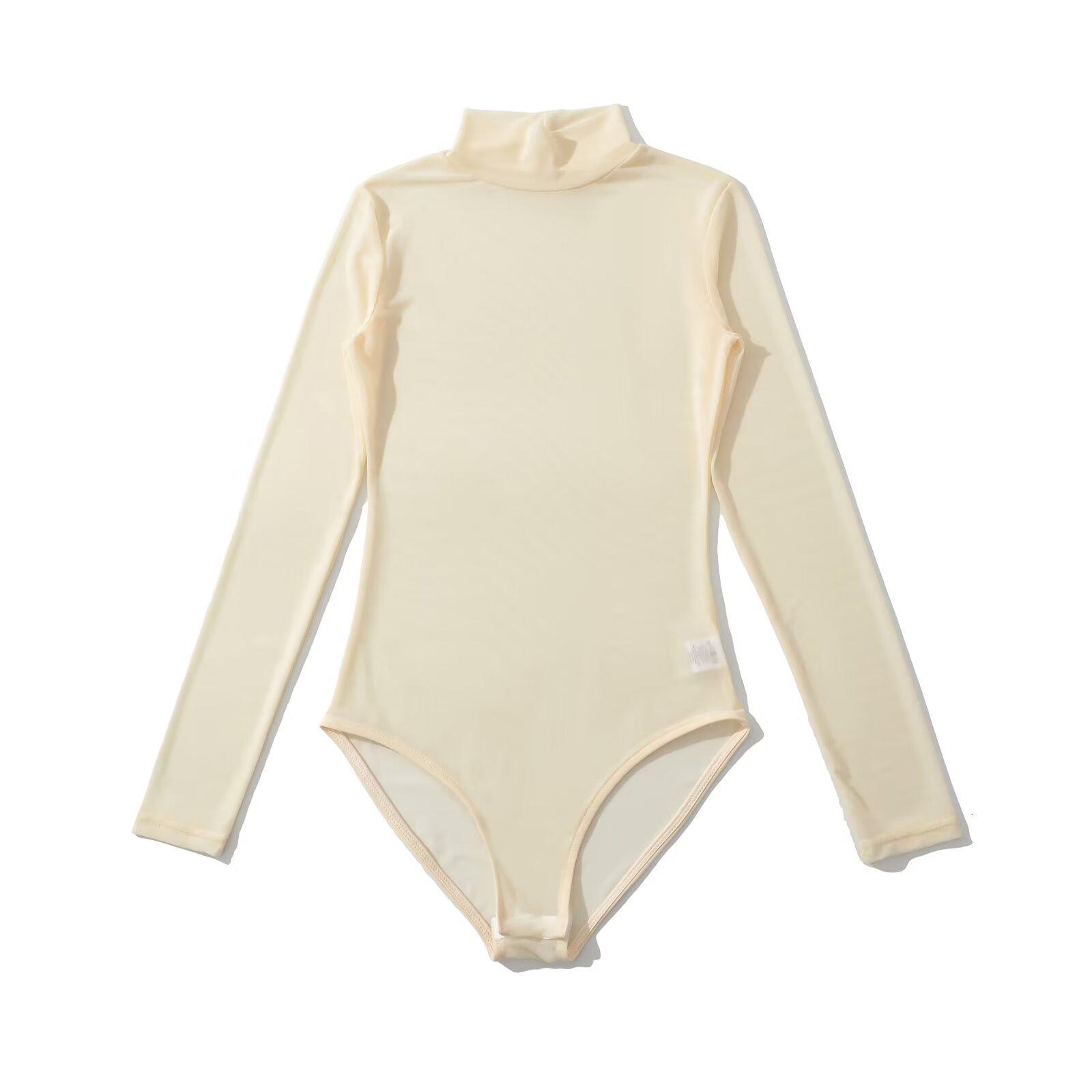 

YPFF Women s Trendy Mesh High Neck See-Through Bodysuit - Slim Fit Long Sleeve Top Medium светло-бежевый