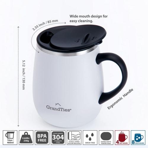 GRANDTIES Premium Vacuum Insulated Mug, 460ml, Available in 19 Colors, with Easy-Open Sliding Lid, Stainless Steel Double-Wall Vacuum Insulation, Keep