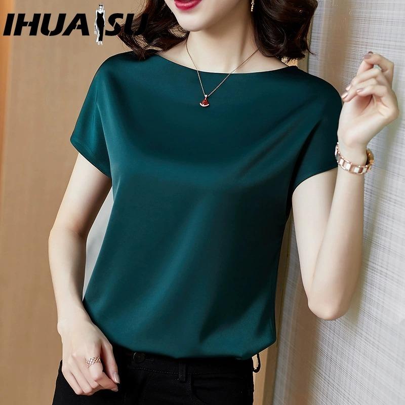

IHUASU Женская Мода Повседневные Однотонные Блузки и Рубашки с Коротким Рукавом и О-образным Вырезом XXXXL зелёный