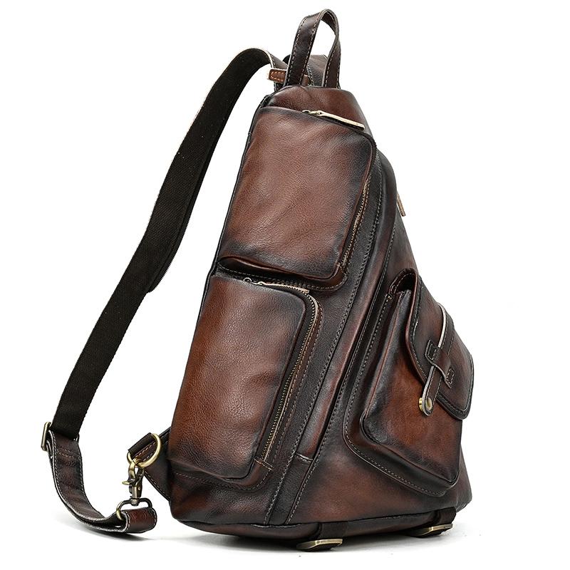 Single Shoulder Bagpack Genuine Leather Chest Bag Outdoor Riding Bag Chest Packs For Biker Men Male Sling Bags Cow Leather