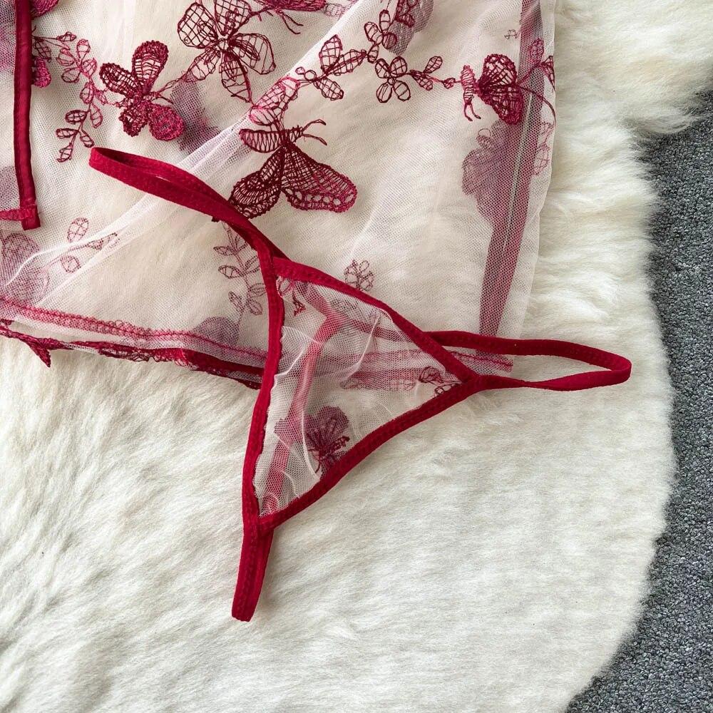 Singerie Mesh Sheer Sexy Nachtkleid Frauen Hollow Out Split Retro Unterwäsche Stickerei Cheongsam Weiblich Schmetterling Muster Erotische Mode Pyjamas 2024