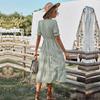 Women Summer Casual V Neck Striped Short Sleeve Button Dress Medium Long With Tassel