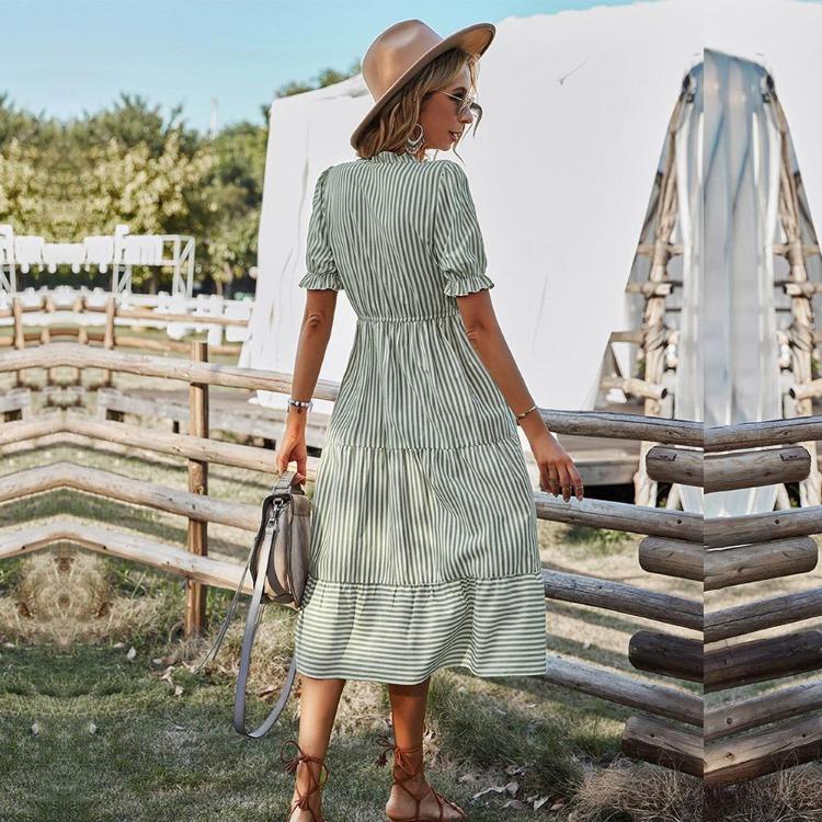 Women Summer Casual V Neck Striped Short Sleeve Button Dress Medium Long With Tassel