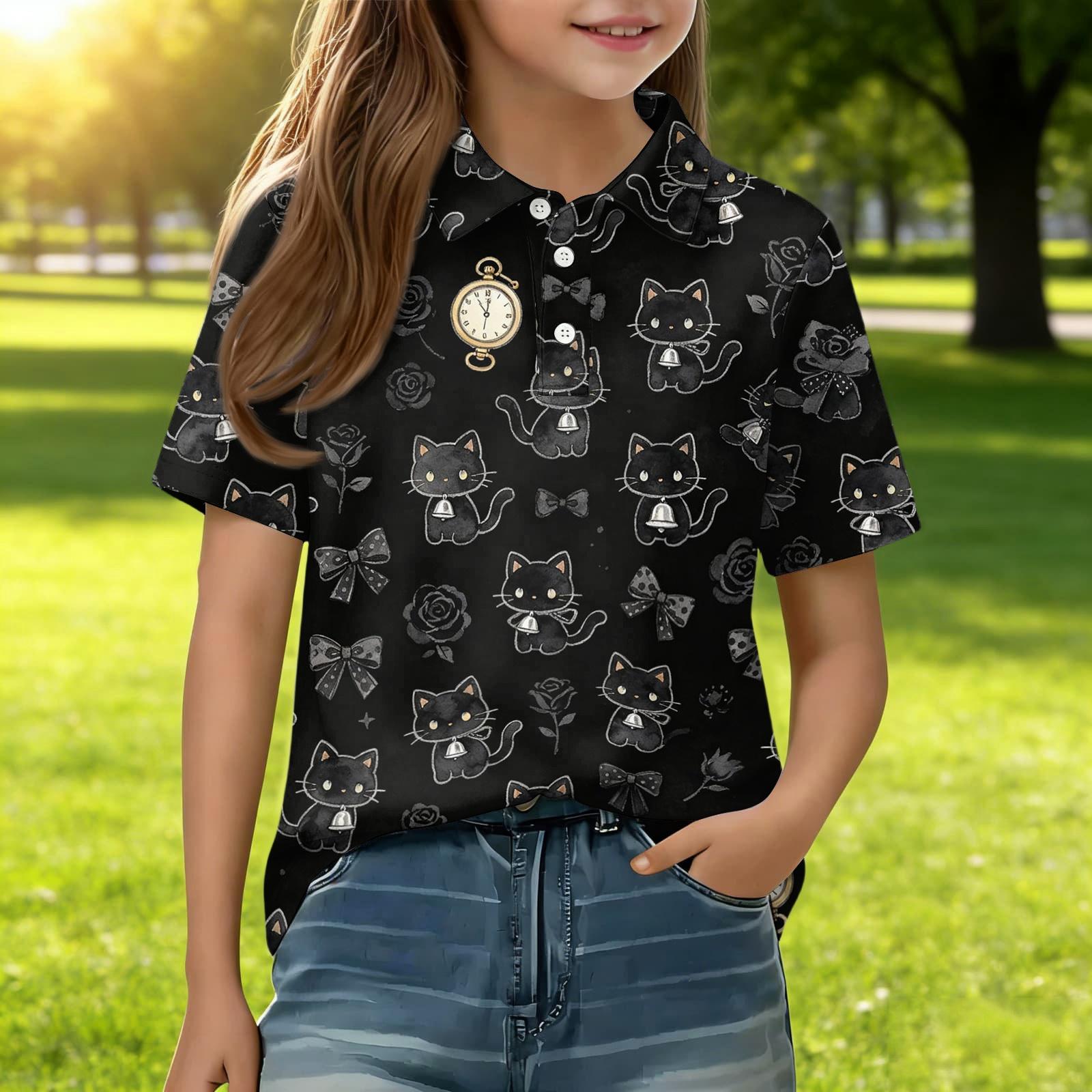 

Kids Casual Short Sleeve Polo Shirt Animal Pattern Tee Soft Lightweight Cotton Blend Top for Boys and Girls Summer Wear 130 чорний