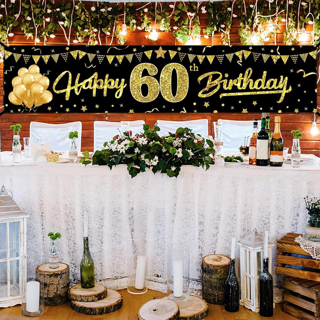 Happy 60th Birthday Banner Decorations for Men Women, Black Gold 60 Birthday Sign Party Supplies for Yard, Funny Sixty Birthday Party Backdrop Decor