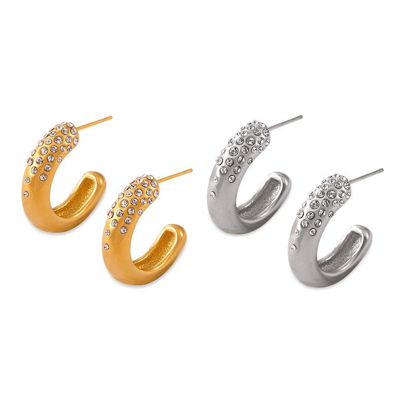 C-Shaped Glossy Diamond-Encrusted Earrings, Personalized Versatile Design Sense, Titanium Steel Gold-Plated Stud Earrings, Earrings, Women