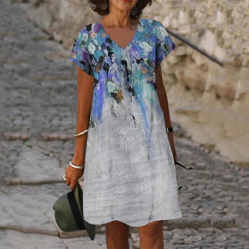 3D Peacock Floral Print Dresses For Summer Women Fashion Short Sleeve V-Neck Loose Dress Vintage Oversized Ladies Dress