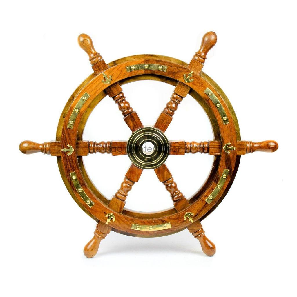 Nautical Premium Sailor's Hand Crafted Brass & Wooden Ship Wheel | Luxury Gift Decor | Boat Collectibles (18 Inches, Anchor & Strip)