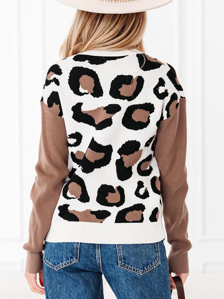 Women's V-neck Leopard Print Knit Sweater - European American Fashion Trend