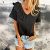 Women's Fashion Color V,Neck Short Sleeve T,Shirt With Half Ruffle Shirt