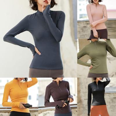 Women Long Sleeve Solid Color Half Zipper T-shirt Quick Dry Fitness Gym Blouse