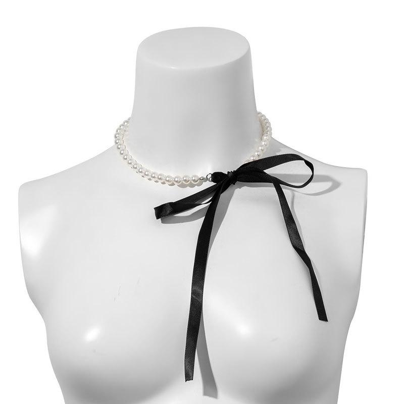 Velvet Imitation Pearl Bow Necklace - French Style Clavicle Jewelry for Women