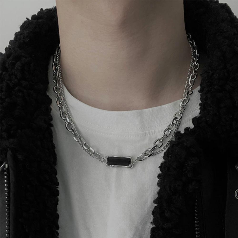 Double-layer Black Zircon Stainless Steel Necklace Ins Design Hip-hop Necklace Accessories