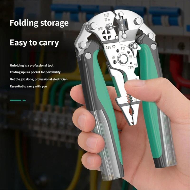 Collapsible Wire Stripping Pliers Multifunction Electrician Tool with Crimping Cutting and Wrench Features Foldable