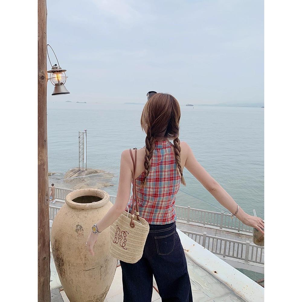 Women's Red Plaid Halter Tank Top - Waist-Cinching Sleeveless Summer Outerwear