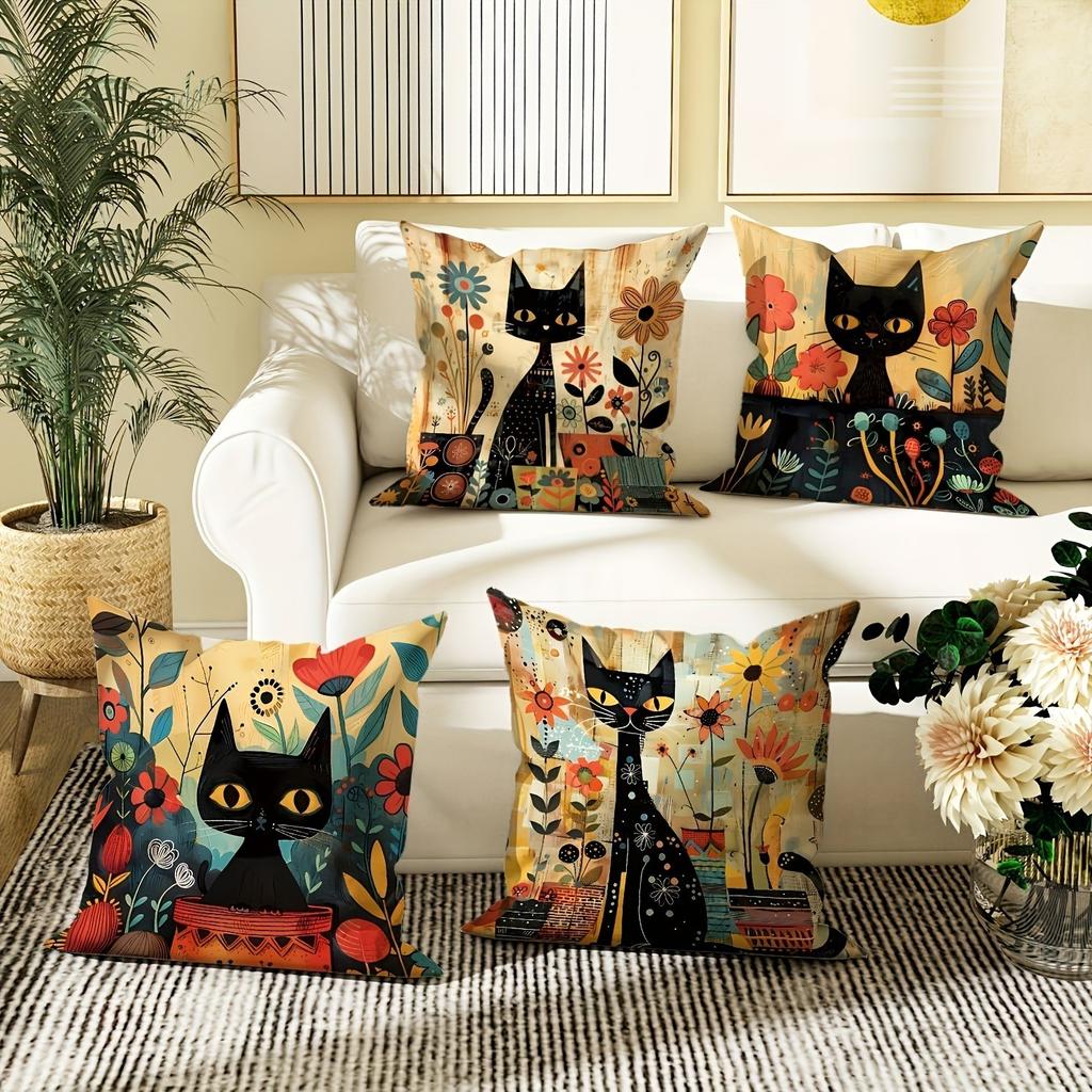 Vintage Schwarze Katze und Blume Kissenbezug Mittelalterliches Abstraktes Design Tägliche Heim Sofa Dekoration Kissenbezug