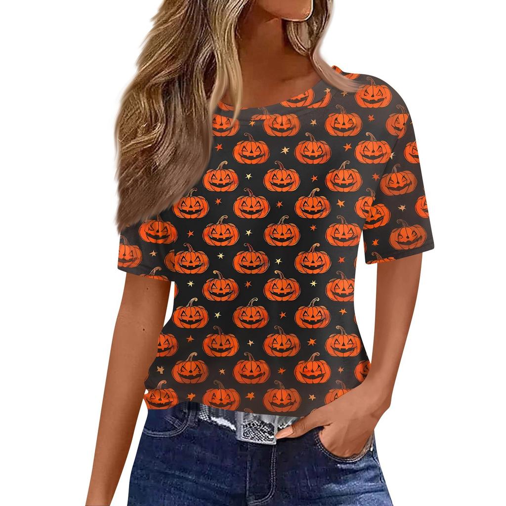 Modisches Lässiges Damen-Pullover-Oberteil mit Kurzarm und Halloween-Print, Rundhals