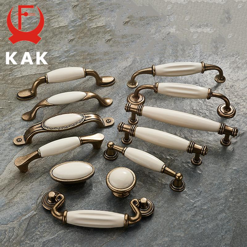 KAK Antique Bronze Ceramic White Cabinet Handles Zinc Alloy Drawer knobs Wardrobe Door Handle Simple European Furniture Hardware