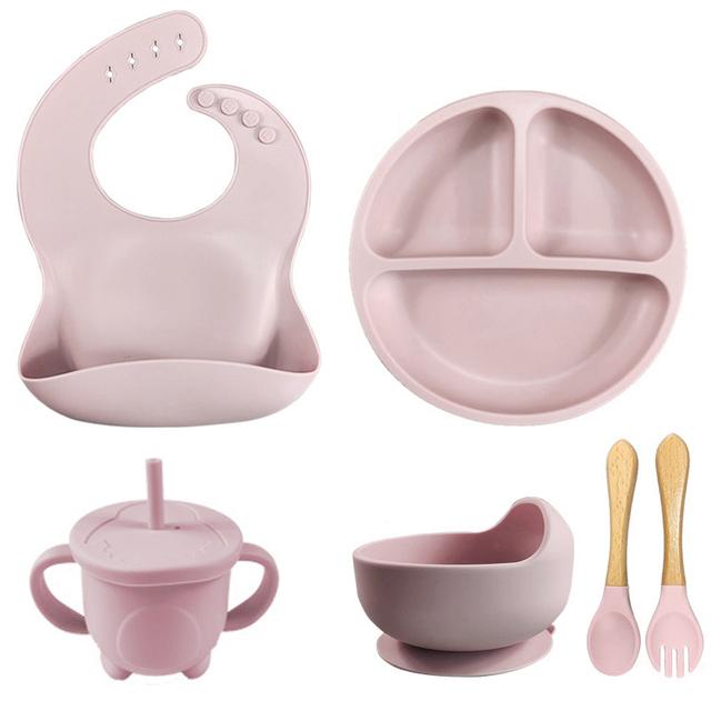 6PCS Baby Plates Children's Feeding Soft Silicone Bowl Plate Cup Bibs Spoon Fork Set Non-Slip Cartoon Dishes For Kids BPA Free