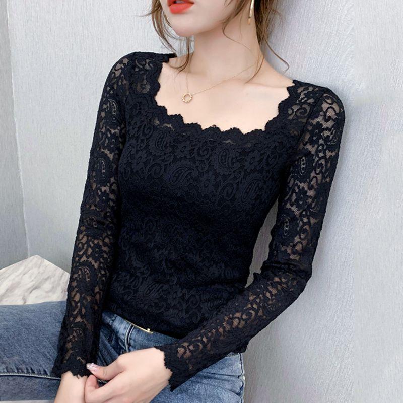 

Кружевной базовый слой Женский Весенне-осенний Красивый топ-футболка с квадратным вырезом, внутренний, облегающий, с длинным рукавом XL