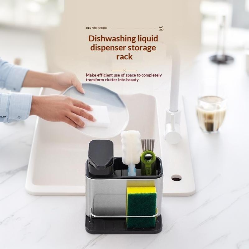 3 In 1 Kitchen Sink Storage Rack Stainless Steel Soap Dispenser Sponge Holder Easy to Clean for Dishwashing Countertop Organization