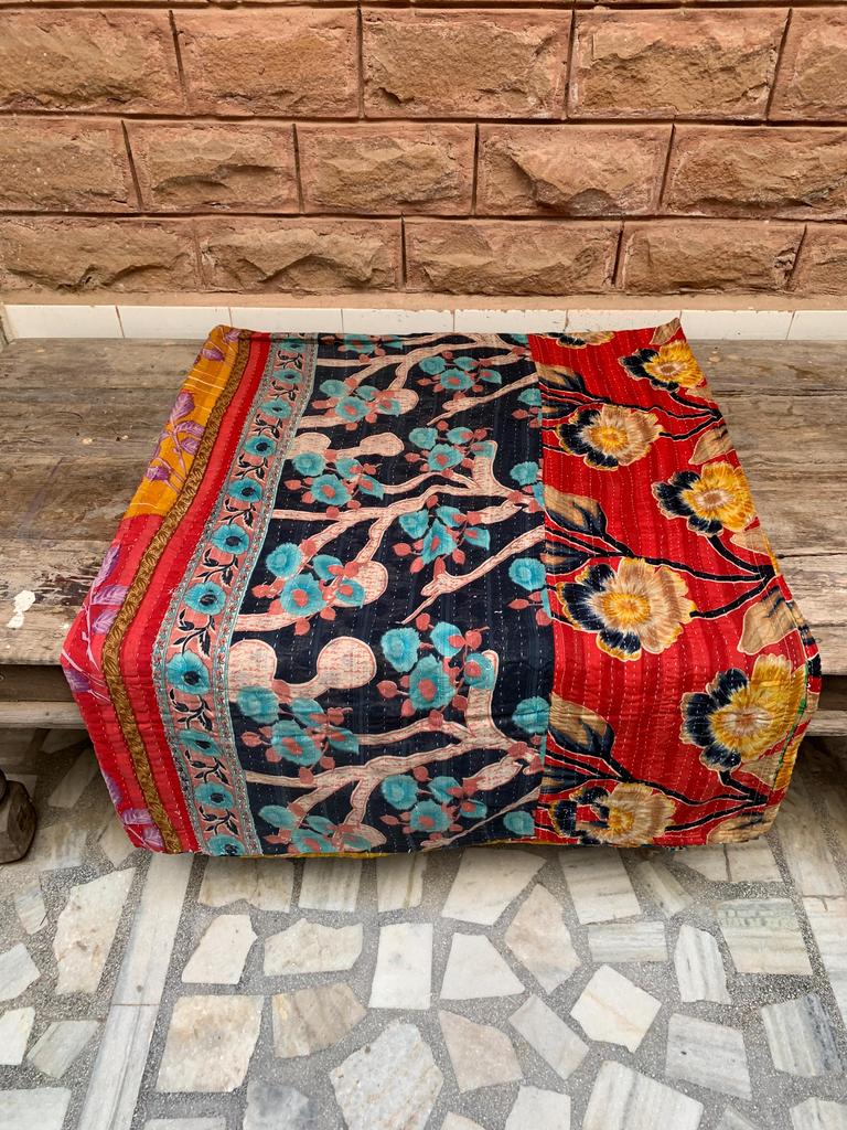 Hand-Stitched Floral Kantha Quilt: Reversible Indian Cotton Throw