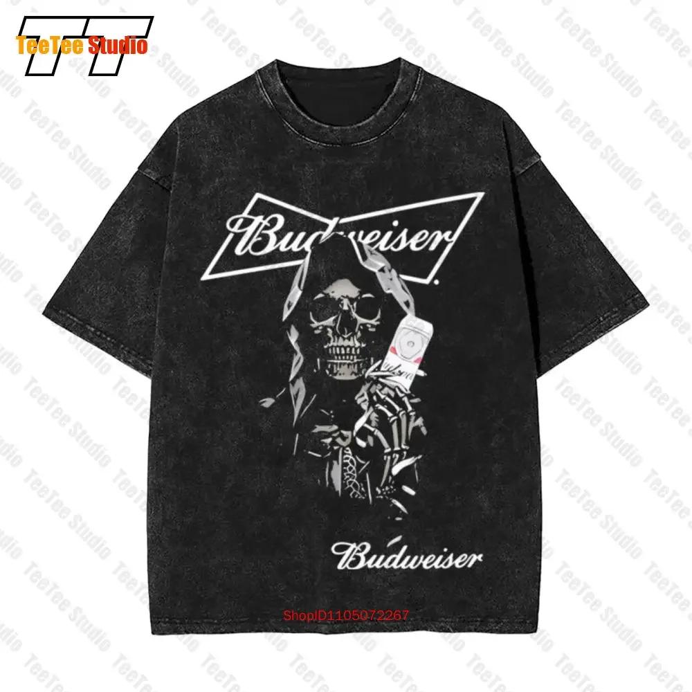 Skull Holding Budweiser Beer Logo Vintage Oversized TShirt Tee PW S