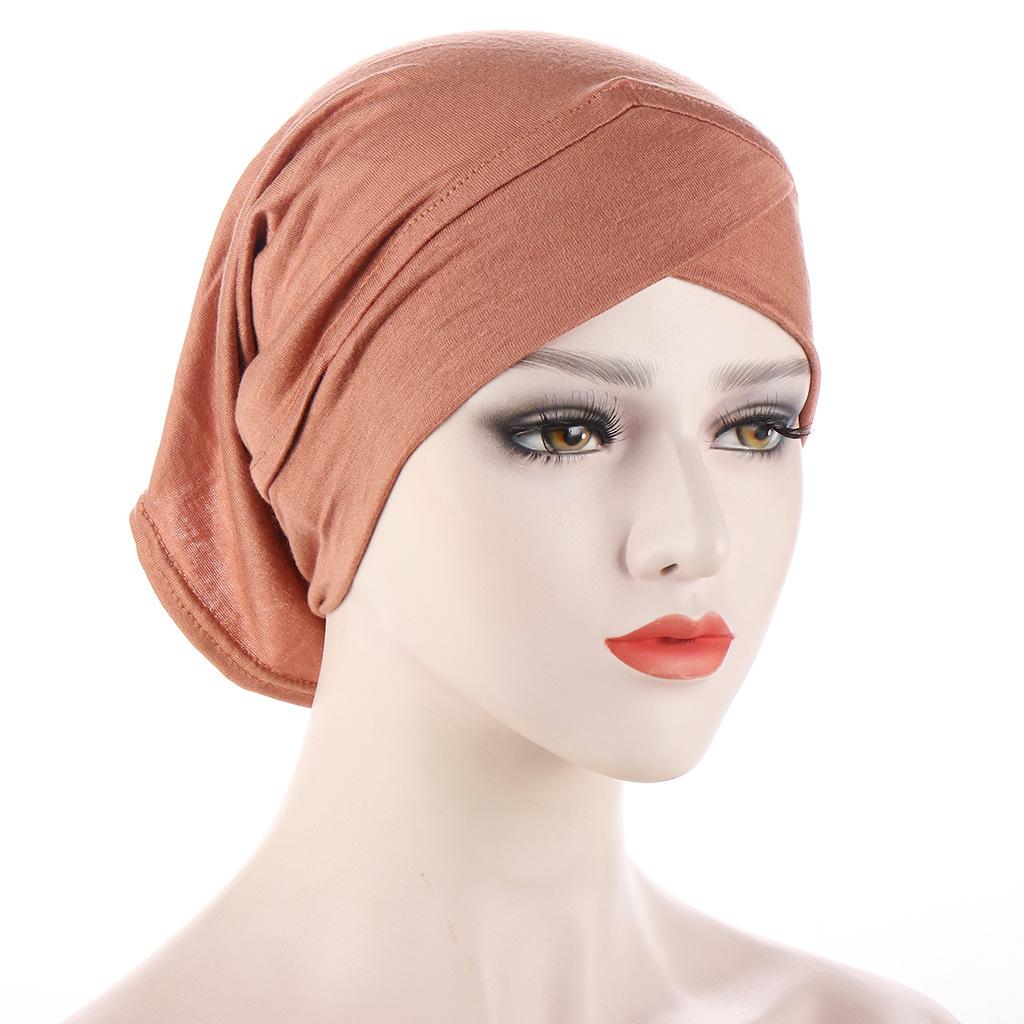Solid Color Frontal Cross Women Muslim Hijab Caps Wrap Head Soft Elastic Turban Bonnet Chemo Cap Fashion Headdress Wearable