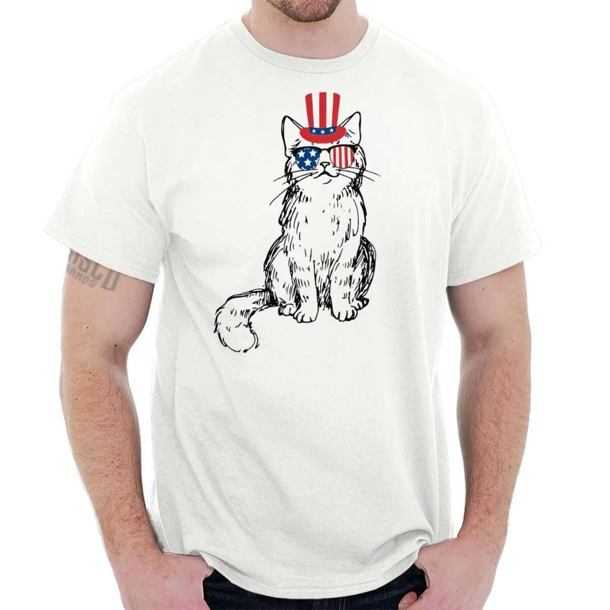 Cat With Glasses Portrait USA Patriotic Gift Womens or Mens Crewneck 100% Cotton T-shirt Mens Tees Top Tee XL